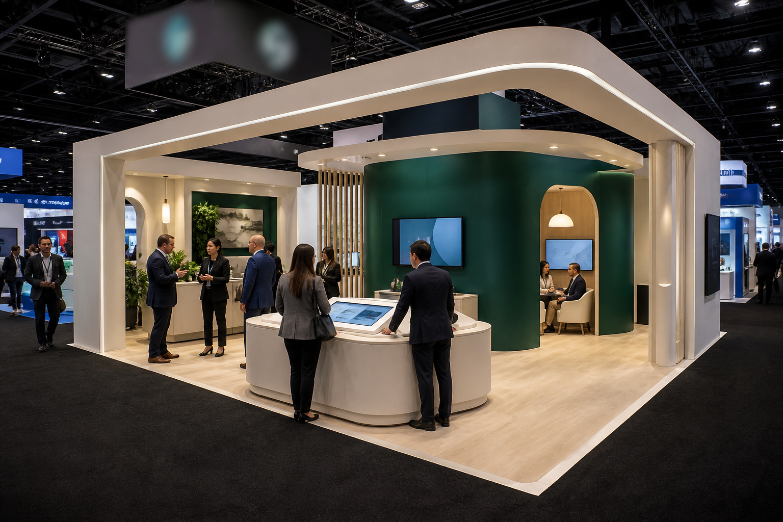 A healthcare technology island booth with product demonstrations