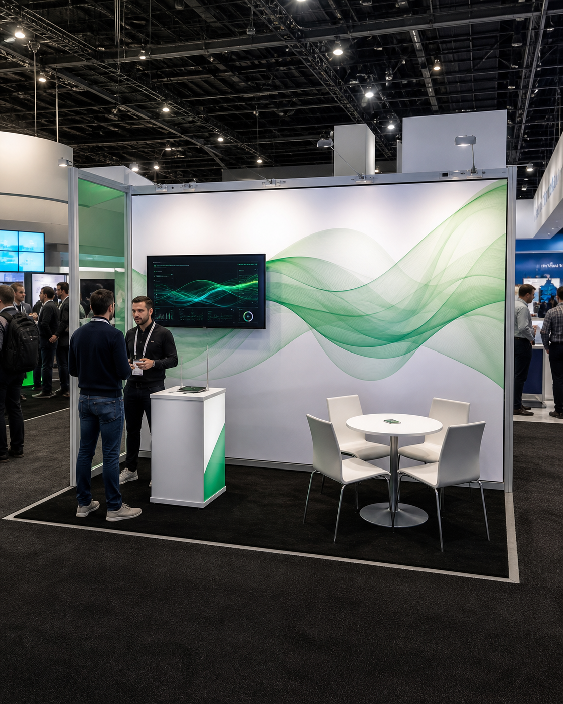 A compact technology exhibition booth with meeting space