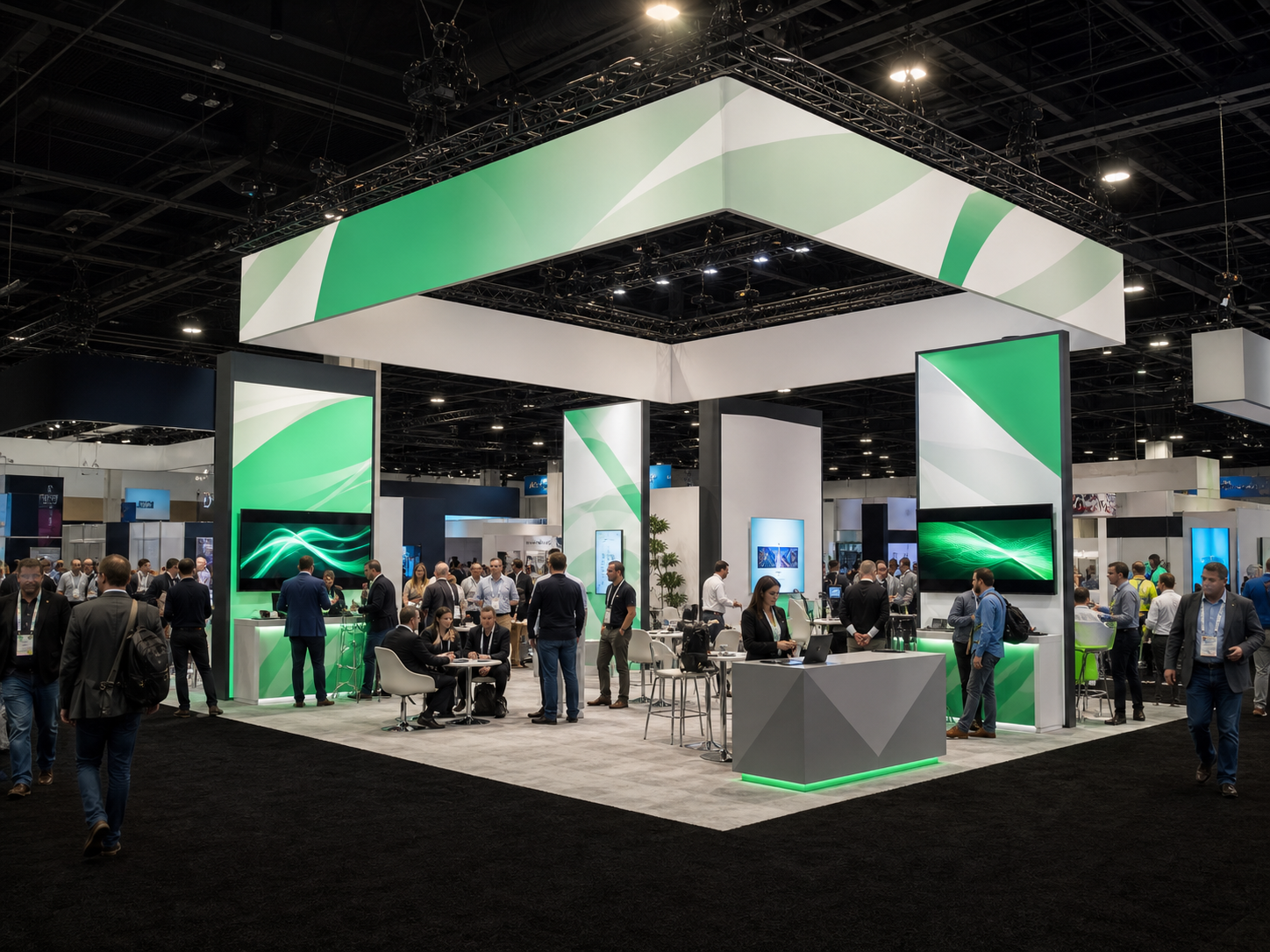 A large blue technology exhibition booth filled with visitors