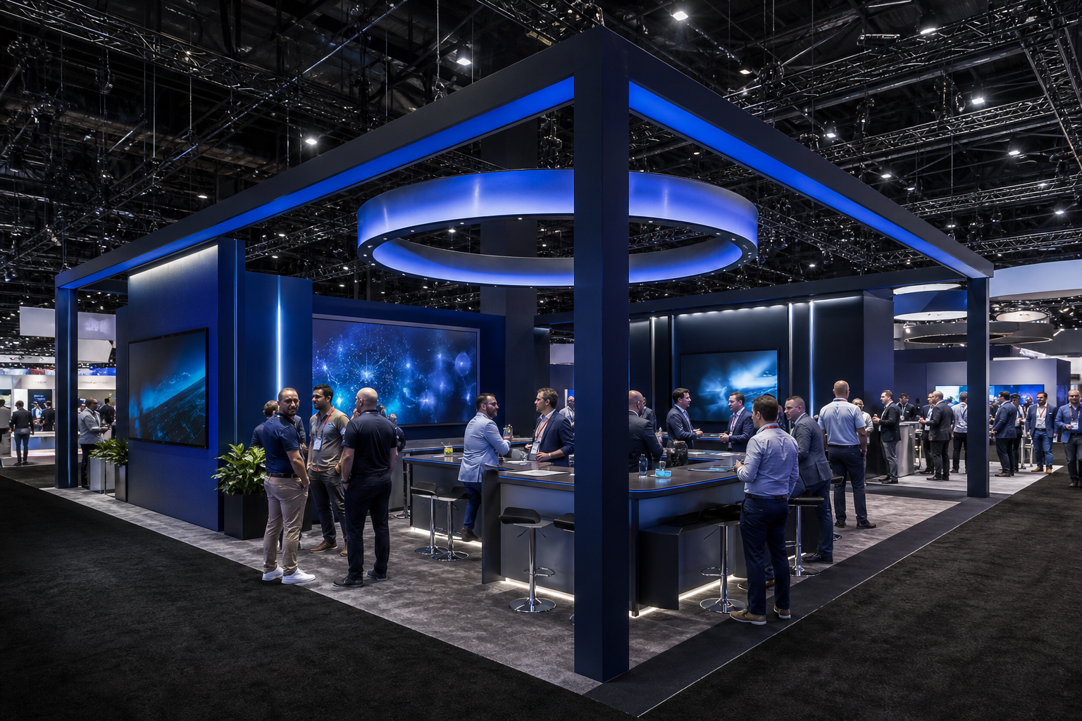 A large technology exhibition booth at a convention show