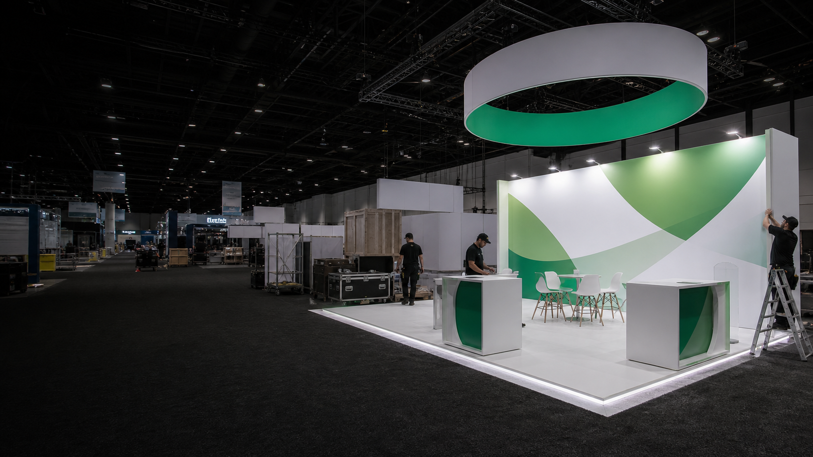 A premium trade show booth being prepared before a convention opens