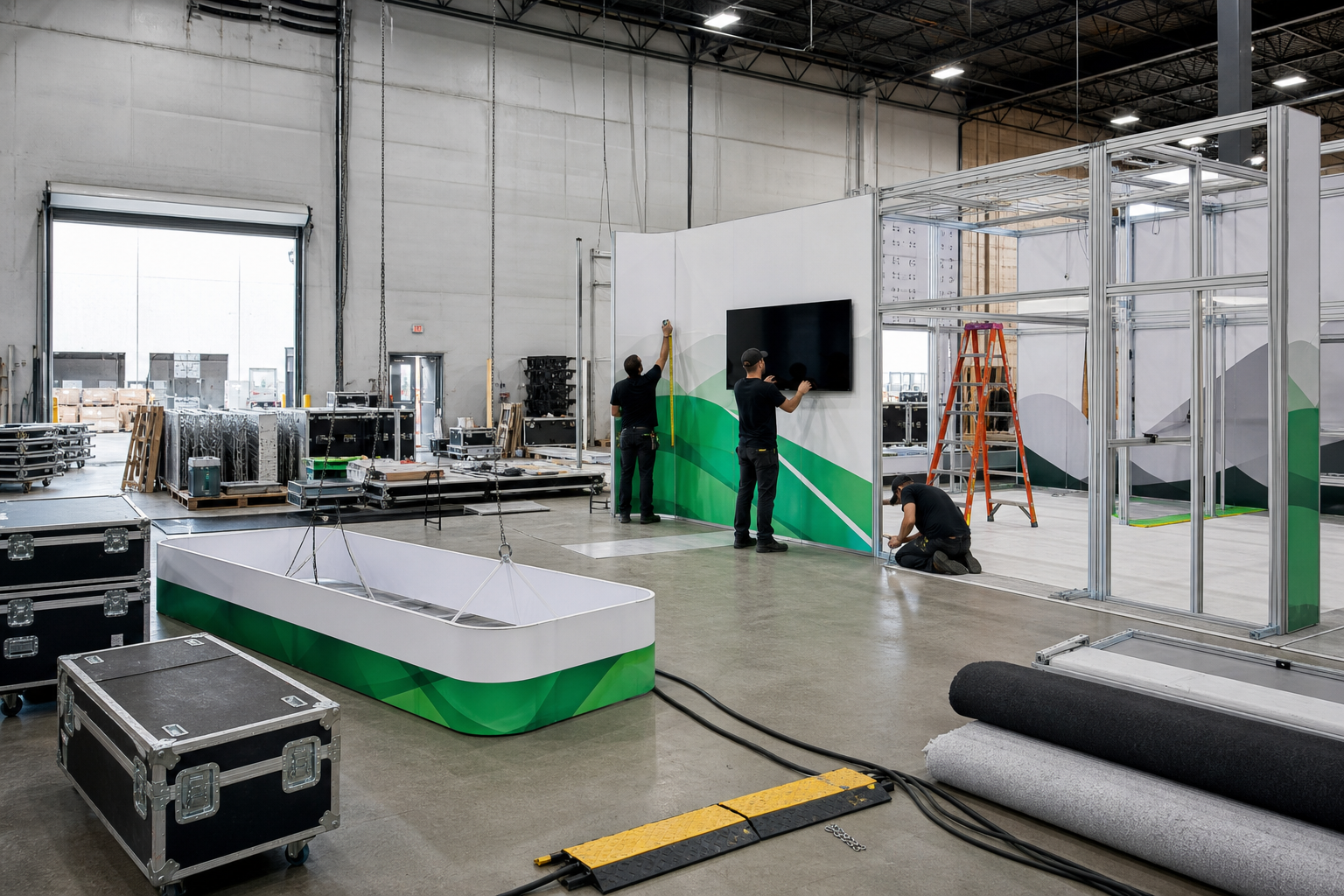 A team preparing and inspecting a trade show booth in a workshop