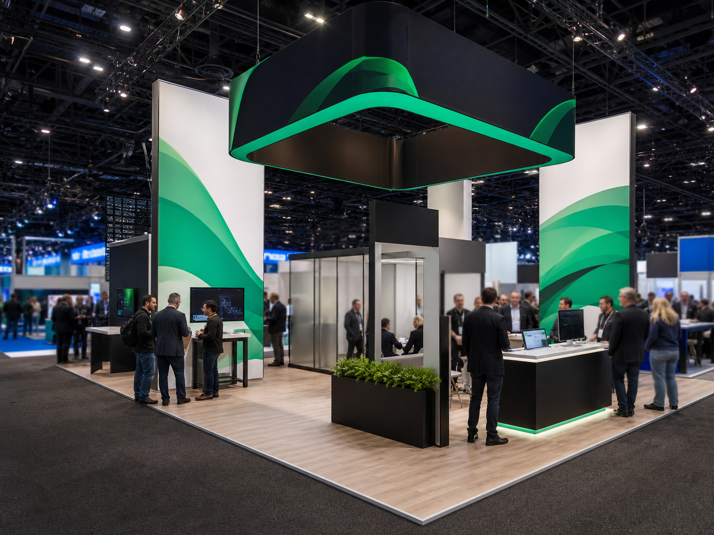 A large custom exhibition booth at a busy convention
