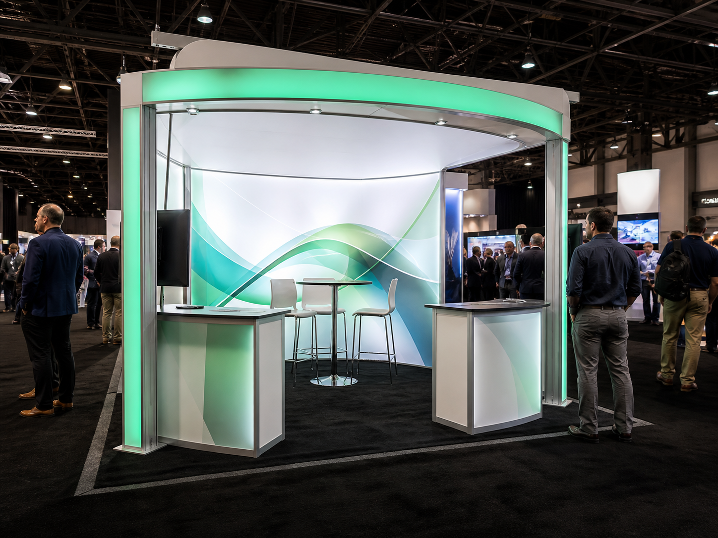 A modular trade show booth rental in a convention hall