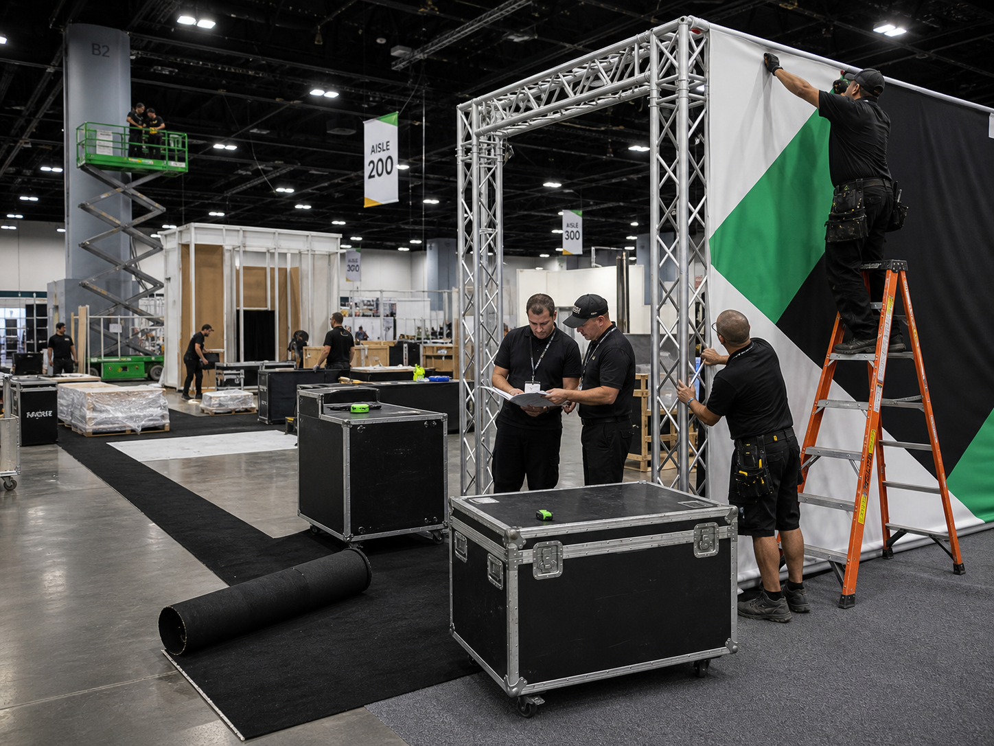 Crew installing a trade show booth inside a convention center